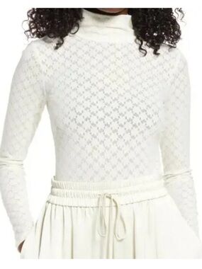 New Open Edit Ivory White Floral Lace Mock Neck Long Sleeve Bodysuit Size XS